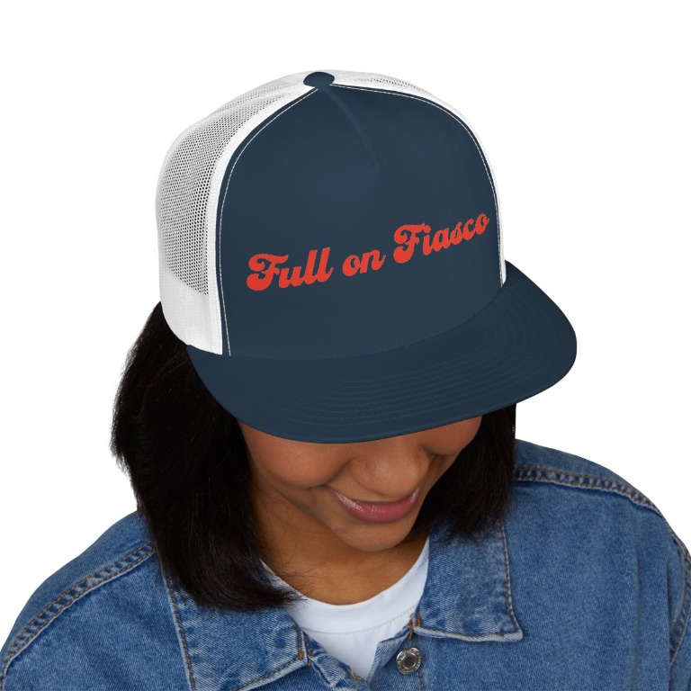 Navy and white Full On Fiasco trucker hat with red lettering
